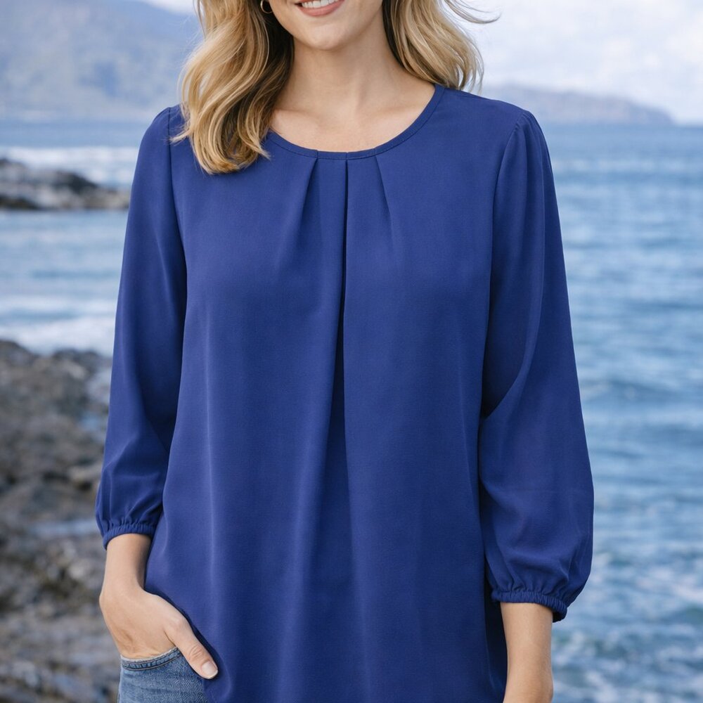 41 Hawthorn Women's Pleated Front Dark Blue Blouse One Button Back Closure S